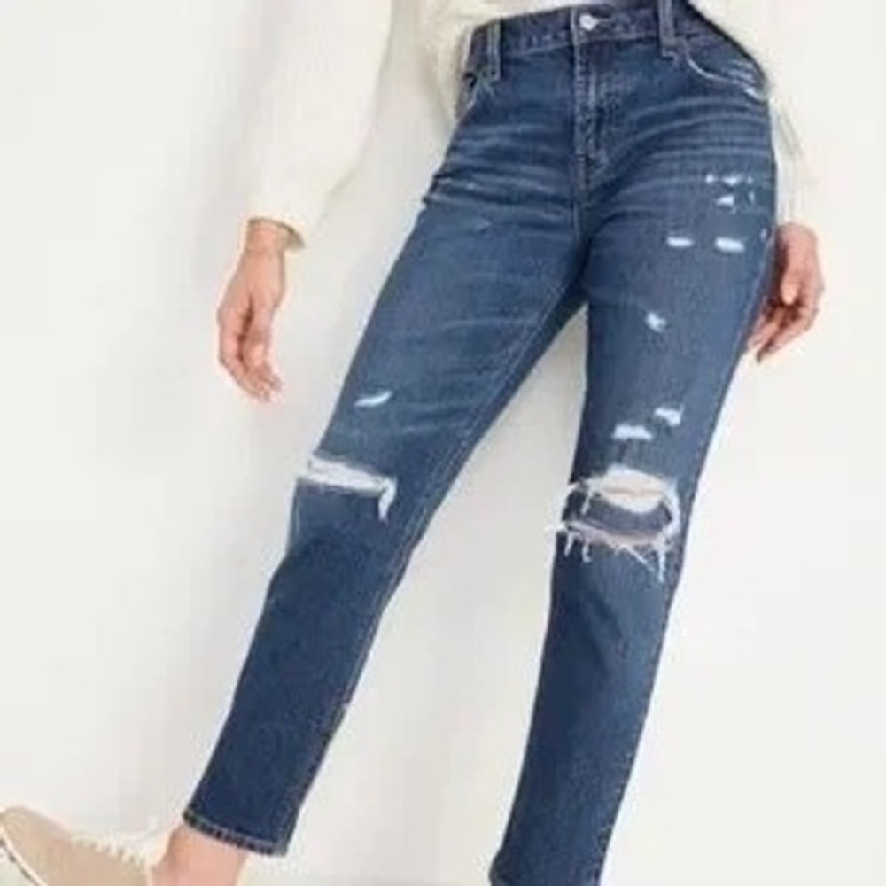 Old Navy Boyfriend Jeans Size 14 Tall Mid Rise Distressed Dark Wash